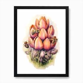 Beehive With Tulips Watercolour Illustration 3 Art Print