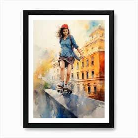 Girl Skateboarding In Rome, Italy Watercolour 4 Art Print