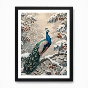 Peacock Snow Scene Vintage 1 Art Print