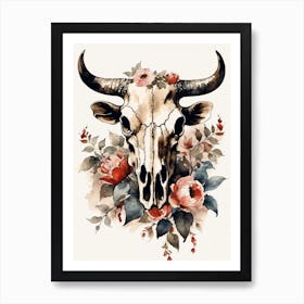 Vintage Boho Bull Skull Flowers Painting (33) Art Print