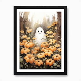 Cute Bedsheet Ghost, Botanical Halloween Watercolour 139 Art Print