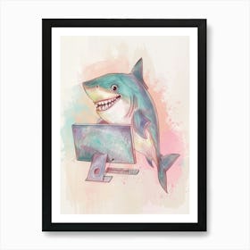 Shark On A Computer Pastel Illustration 1 Art Print