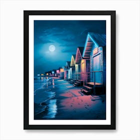 Beach Huts At Night, Anime Art Lofi Art Print