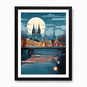 Winter Travel Night Illustration Cologne France Art Print