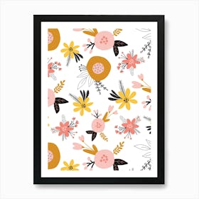 Abstract Scandinavian Floral Yellow, Pink, Black, White Art Print