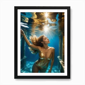 Woman swimming in gold underwater ruin 2 Art Print