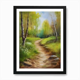 Path In The Woods.Canada's forests. Dirt path. Spring flowers. Forest trees. Artwork. Oil on canvas.5 Art Print