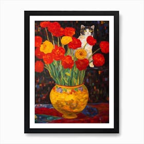 Ranunculus With A Cat 4 Art Nouveau Klimt Style Art Print