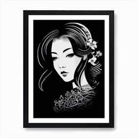 Geisha Black And White Vector Illustration 2 Art Print