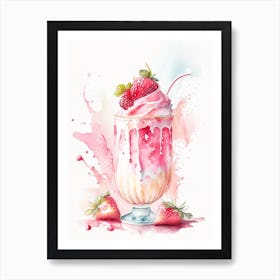 Strawberry Milkshake, Dessert, Food Storybook Watercolours Art Print