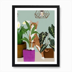 Cat And Plants Cat Plant Animal Nature Leaves Art Print