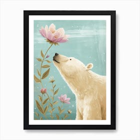 Polar Bear Sniffing A Flower Storybook Illustration 2 Art Print