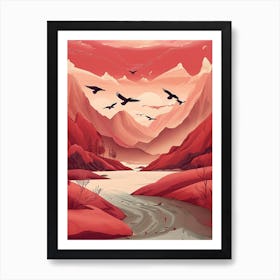 Boho Red Mountains With Birds Art Print