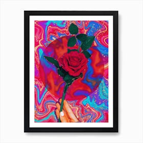 Trippy Surreal Rose Glitter Red & Blue Art Print