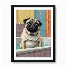 Pug In The Tub Art Print