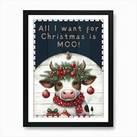 Funny Cute Cow Christmas Blue Sign Póster