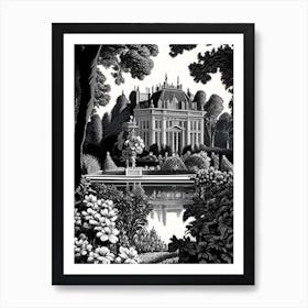 Palace Of Fontainebleau Gardens, France Linocut Black And White Vintage Art Print