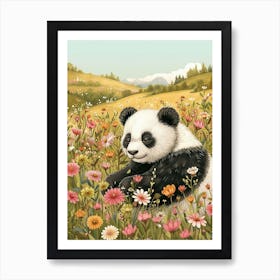 Giant Panda Cub In A Field Of Flowers Storybook Illustration 3 Art Print