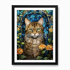 Mosaic Of A Cat With Peonies Art Print