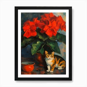 Flower Vase Poinsettia With A Cat 4 Impressionism, Cezanne Style Art Print