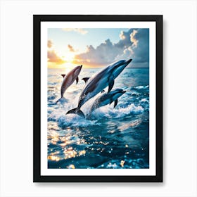 Group Of Dolphins Leaping Out Of Crystal Clear Water At Sunrise Art Print