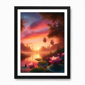 Beautiful Lotus Lake Landscape 4 Art Print