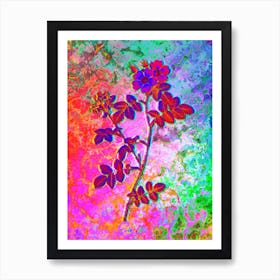 Pink Sweetbriar Roses Botanical in Acid Neon Pink Green and Blue Art Print