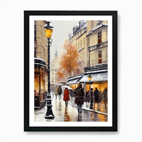 Paris cafes, winter season, Christmas, autumn oil colors, pale colors, pedestrians in the street, winter clothes, falling snow.9 1 Poster