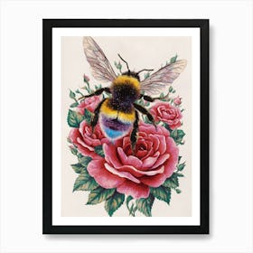 Bee On Roses Art Print