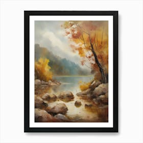 Forest Lake, Autumn Lake, Vintage Oil Painting, Farmhouse Wall Decorations, Antique Landscape, Vintage Landscape Oil Painting.4 Art Print