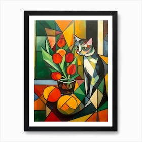 Tulips With A Cat 4 Cubism Picasso Style Art Print