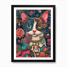 Cat With Flowers Art Print