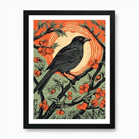 Vintage Bird Linocut Cowbird 4 Art Print