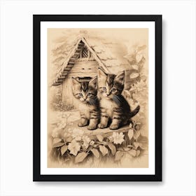 Cute Kittens Outside A Medieval Barn Floral Sepia Art Print