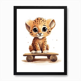 Baby Cheetah On Toy Car, Watercolour Nursery 2 Art Print