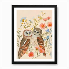 Folksy Floral Animal Drawing Owl 3 Art Print