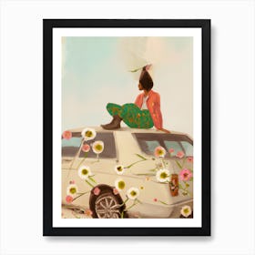 Woman Sitting On Car Roof With Flowers Art Print