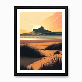 Bamburgh Castle In The Sunset- Retro Landscape Beach and Coastal Theme Travel Poster Art Print