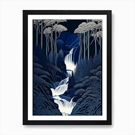 Waterfalls In Forest Water Landscapes Waterscape Linocut 1 Art Print