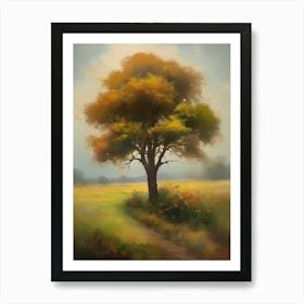 Oak tree, fine work of art, misty atmosphere, green meadow..14 Art Print