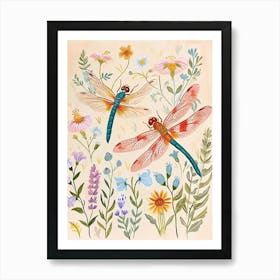 Folksy Floral Animal Drawing Dragonfly Art Print