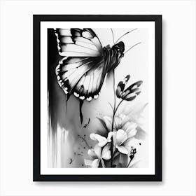 Butterfly And Flowers Symbol Black And White Painting Art Print