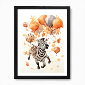 Zebra Flying With Autumn Fall Pumpkins And Balloons Watercolour Nursery 2 Art Print