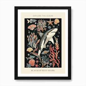 Blacktip Reef Shark Seascape Black Background Illustration 1 Poster Art Print