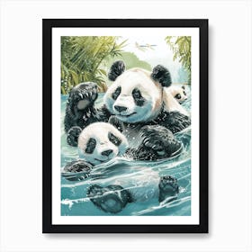 Giant Panda Family Swimming In A River Storybook Illustration 3 Art Print