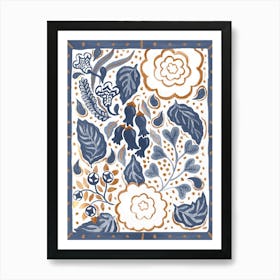 Blue Bilberry Gold Folk Bell Floral Art Print