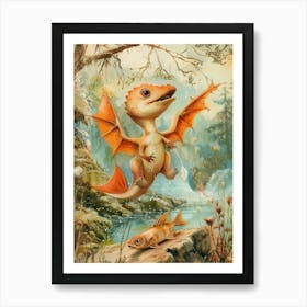 Baby Dinosaur With Wings Catching A Fish Storyboo Style Art Print