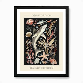Blacktip Reef Shark Seascape Black Background Illustration 2 Poster Art Print