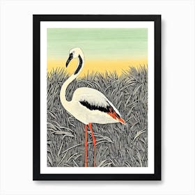 Greater Flamingo Linocut Bird Art Print