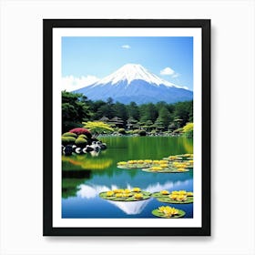 Waterfront Landscape Showcasing A Tranquil Mountain Reflected In A Clear Lake Full Bloom Water Lili 2 Art Print